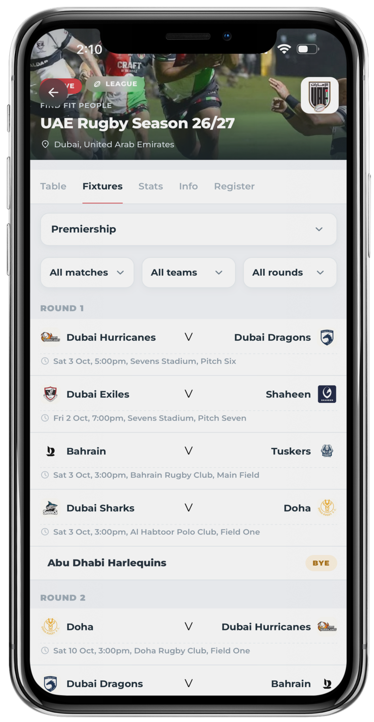 Fixtures in the FFP app